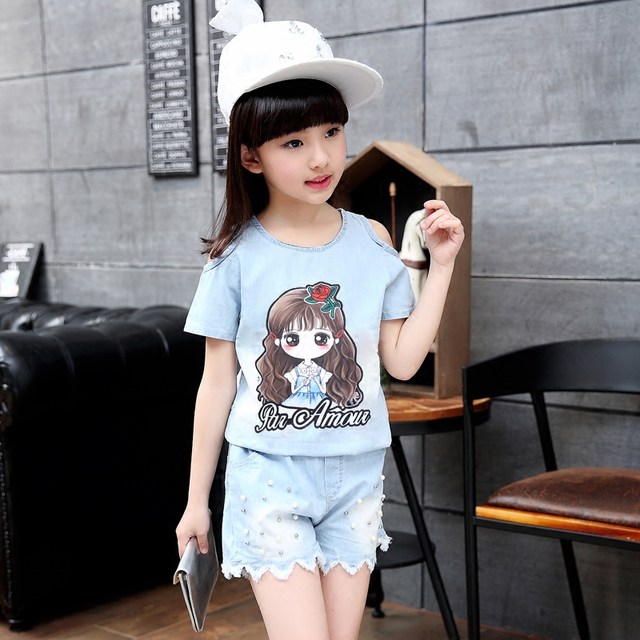 Summer fashion girls' denim shorts suit middle-aged children's girls ...