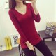 Autumn Korean style slim-fit hip-covering long-sleeved v-neck sweater for women mid-length pullover low-neck knitted bottoming shirt