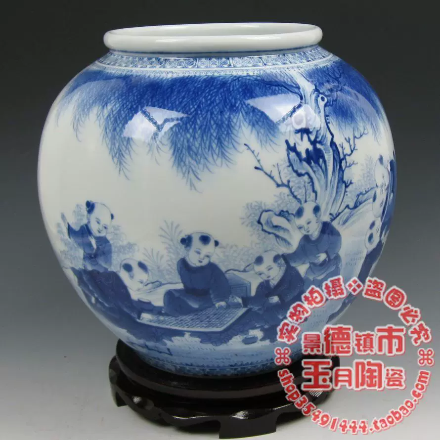 景德镇瓷器花瓶汪雅平作品手绘童子釉中彩青花陶瓷收藏摆件