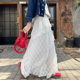 Retro spliced ​​twill lace skirt for women in early spring white elastic waist slimming mesh a-line long skirt cake skirt
