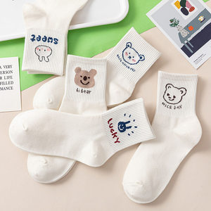 Bear mid-tube socks for girls ins trendy Japanese cute spring and summer cotton socks Korean summer thin white socks
