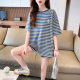 
Large size fat mm300Jin [Jin equals 0.5 kg] Blue striped round neck short-sleeved T-shirt for women in summer Korean style loose fashionable top trendy