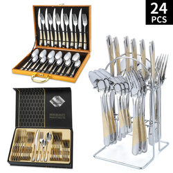 High-End European-Style Stainless Steel Cutlery Set Cross-Border Russian Western Tableware Knife, Fork, Spoon Star Diamond 24-Piece Gift Box Set