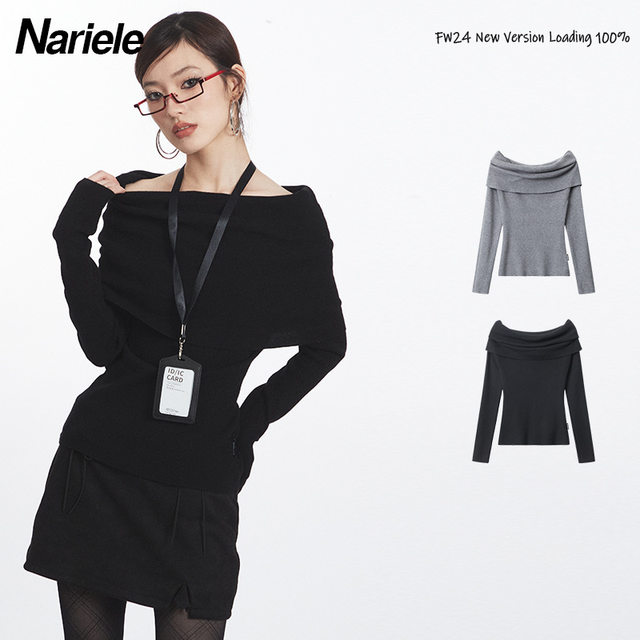 Nariele European and American one-shoulder top for women in autumn off-shoulder design niche slim temperament long-sleeved knitted sweater