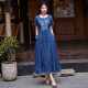 2024 summer ladylike temperament ruffled round neck short-sleeved denim dress embroidered loose large size long skirt 82676