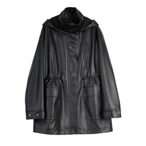 
ELLE modern hooded leather windbreaker jacket for women 2025 autumn new style windproof silhouette high-end loose commuting top