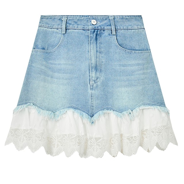 Fairy Pocket Summer Lace Spliced ​​A-line Denim Skirt for Women 2025 Summer New Short Skirt