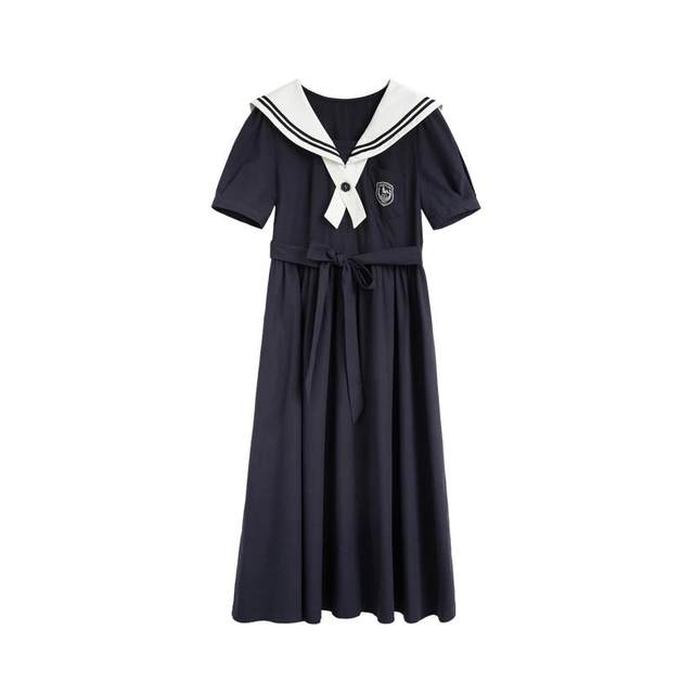 Zihan college style dress women's summer new Japanese casual navy collar tie waist short-sleeved mid-length skirt