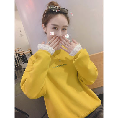 春装女2019新款韩版休闲圆领蕾丝拼接上衣百搭字母印花套头卫衣潮