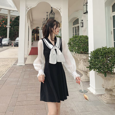 春秋季女装2019款学院风海军领黑色连衣裙少女喇叭袖蝴蝶结初恋裙