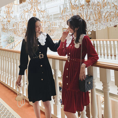 宫廷收腰花边娃娃领金丝绒连衣裙女中长款荷叶边裙子2019新款@