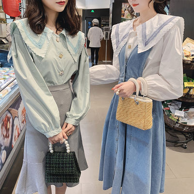 梦梦家女装款复古甜美娃娃领衬衫女长袖淑女范洋气宽松打底衫上衣