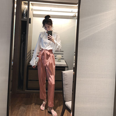 春装2019新款网红拼接钩花蕾丝喇叭袖雪纺衫套装女休闲裤两件套潮