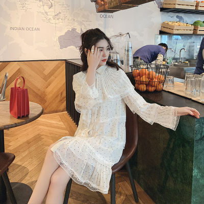 法式优雅气质波点雪纺连衣裙女中长款淑女荷叶边蛋糕裙子2019款春