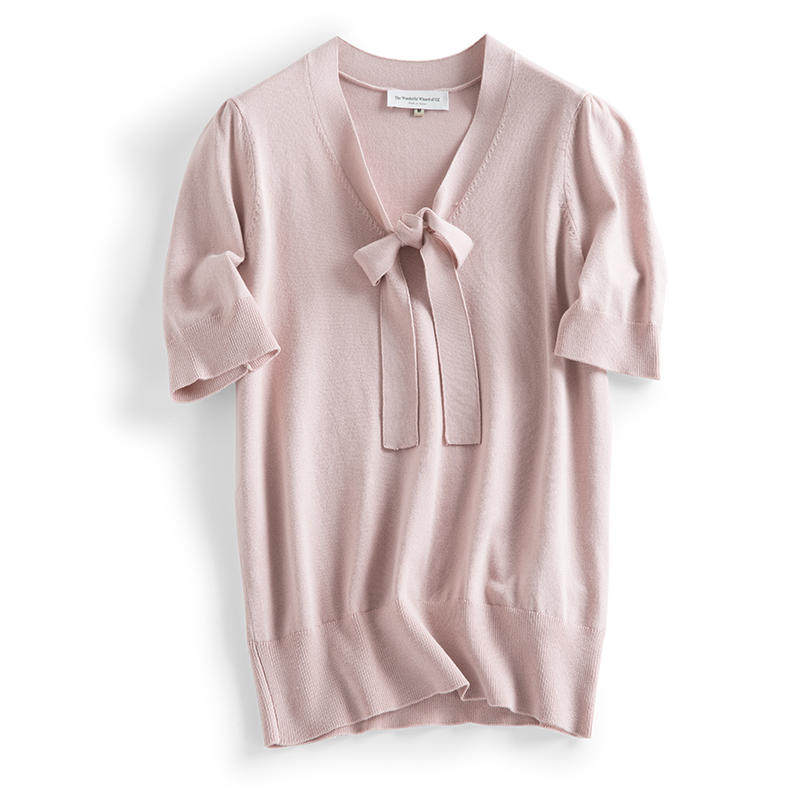 蝴蝶结系带针织短袖v领上衣