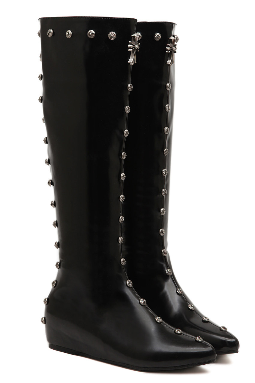 尖头铆钉平底内增高过膝长靴