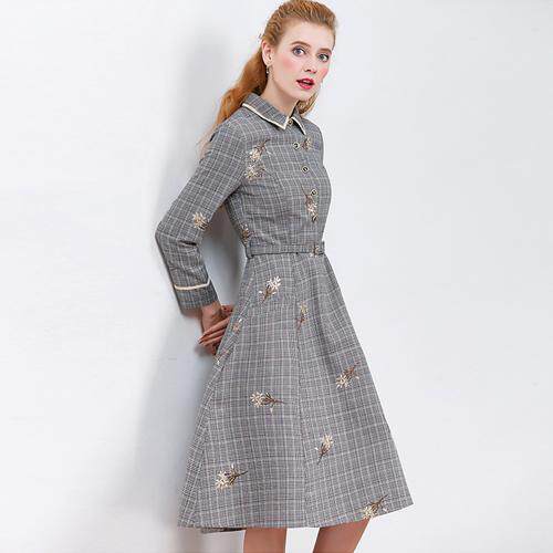 复古格子中长款连衣裙